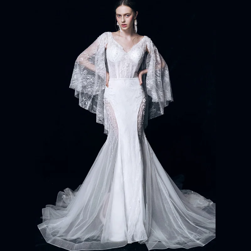 Unique Mermaid Sheer Lace Wedding Dress With Lantern Sleeve