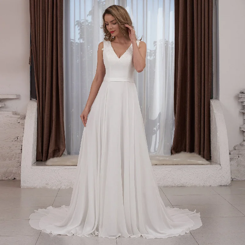 V-neck Satin and Chiffon A-line Wedding Dress with Sheer back