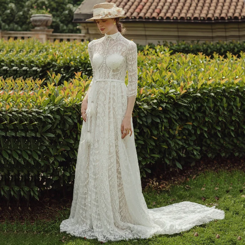 Vintage Long Sleeve Turtle High Neck Lace Wedding Dress