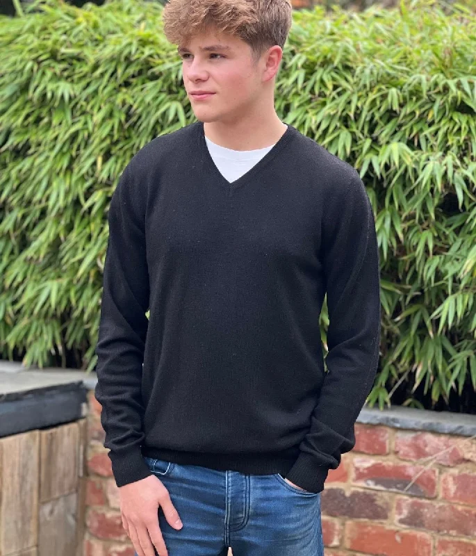 Men's Black Wool Rich V Neck Jumper