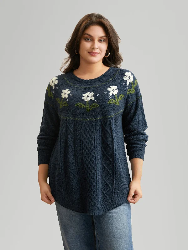 Floral Jacquard Raglan Sleeve Pullover