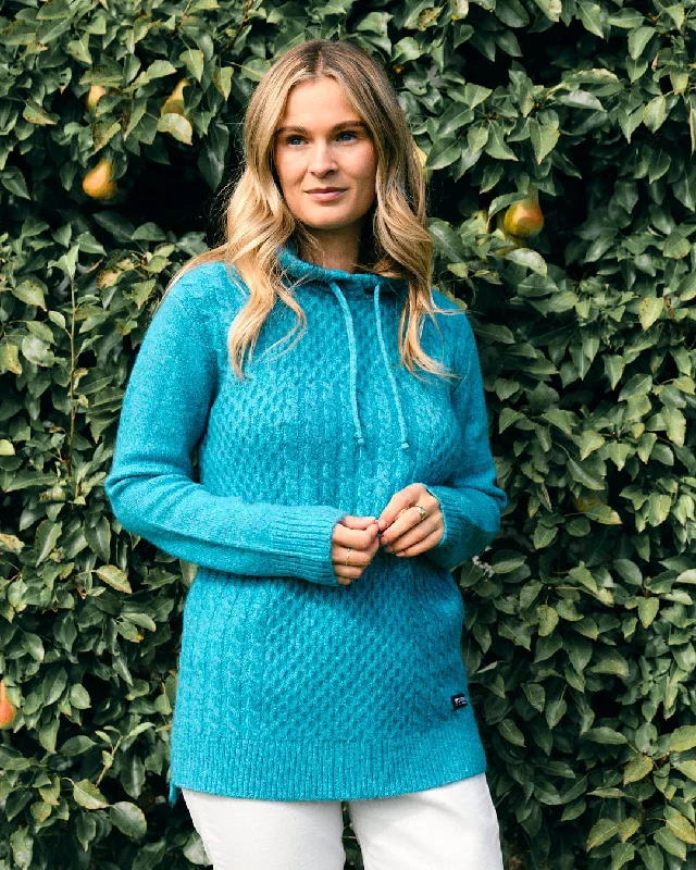 Hele Bay - Womens Longline Knitted Hoodie - Blue