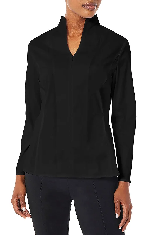 Long Sleeve Zip-Up Cotton Poplin Blouse, Black