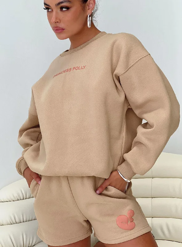 Princess Polly Crew Neck Sweatshirt Bubble Text Sand/ Pink