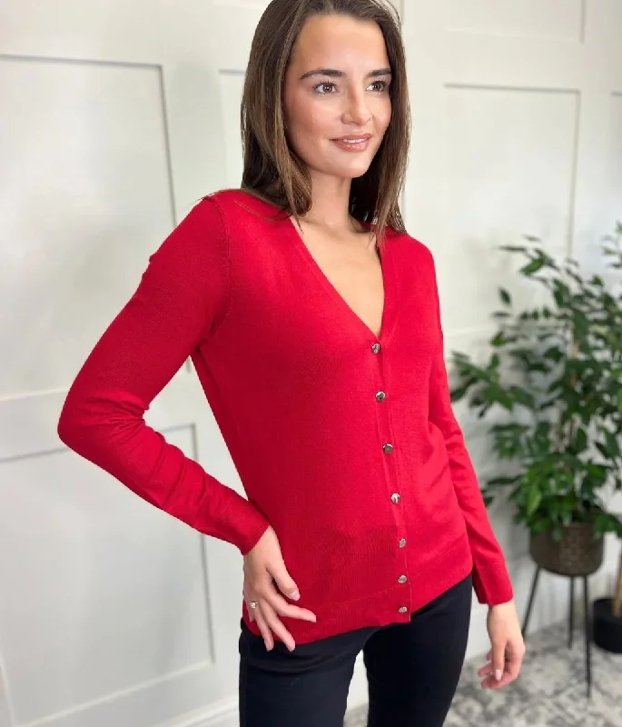 Red V Neck Button Cardigan