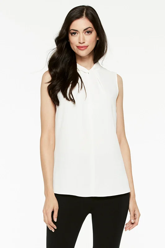 Twist-Neck Crepe de Chine Blouse, White